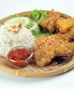 Ayam Penyet Set Fried Chicken Whole Leg Served W/ Tempeh, Tahu & Cabbage