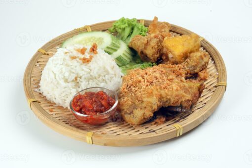 Ayam Penyet Set Fried Chicken Whole Leg Served W/ Tempeh, Tahu & Cabbage