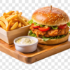 Cheese Chicken Burger W Fries, Mushroom Stew, Green Salad. Free Bandung Drink