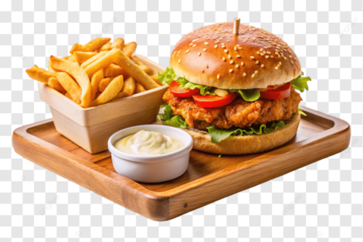 Cheese Chicken Burger W Fries, Mushroom Stew, Green Salad. Free Bandung Drink