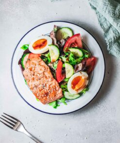 Teriyaki Salmon Served With Japanese Seasame Dressingsalad And Chawamushi